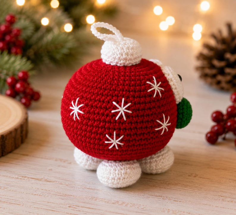 May include: A round, red crocheted ornament featuring white embroidered snowflake patterns. The ornament has a white crocheted top loop, a white base, and three white crocheted feet at the bottom. A small green crocheted accent is visible on the side.