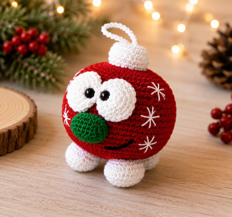 May include: A round, red crocheted ornament featuring two large white eyes with black pupils, a green nose, and a black stitched smile. The ornament has a white top loop, white feet, and white embroidered star-like accents on its sides.