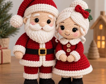 May include: Two crochet dolls representing Santa Claus and Mrs. Claus. Santa wears a red suit with white trim, a black belt with a gold buckle, and a matching hat. Mrs. Claus has white hair, a red dress with white trim, two buttons, and a red bow.