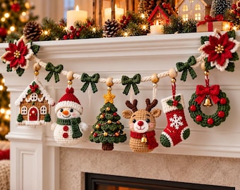 May include: A festive crochet garland featuring a series of hanging ornaments including a gingerbread house, a snowman, a Christmas tree, a reindeer, a stocking, and a wreath, accented with red poinsettia flowers, green bows, and wooden beads.