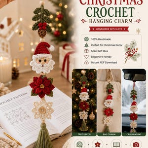 Puede incluir: Un adorno colgante de ganchillo que presenta una rama de acebo verde, una cara de Papá Noel, una flor de pascua roja, un copo de nieve crema con un botón central y una borla verde, unidos por cuentas de madera y un lazo de hilo.