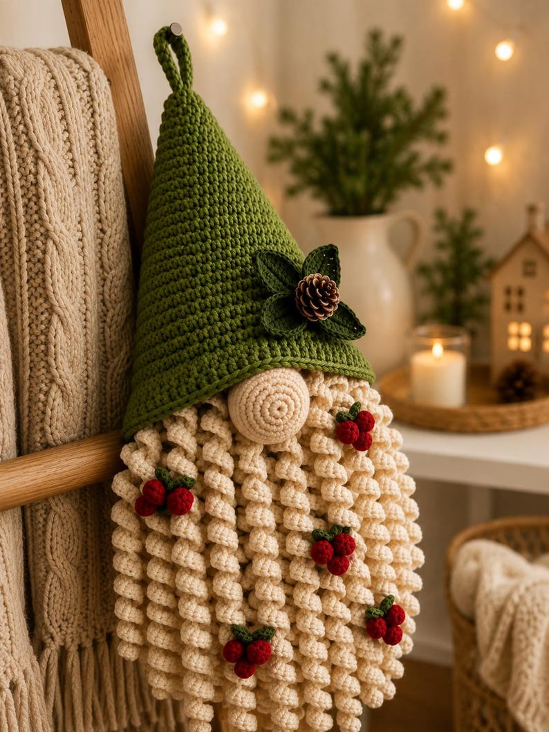 May include: A crocheted gnome wall hanging featuring a tall green pointed hat with a pinecone and leaf accent. The gnome has a round beige nose and a long, curly cream-colored beard decorated with several small clusters of red berries.