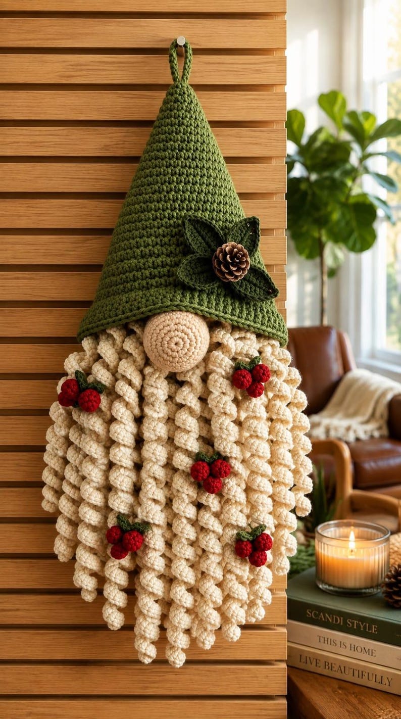 May include: A crochet gnome wall hanging featuring a tall green pointed hat adorned with a small pinecone and dark green leaves. The gnome has a round beige nose and a long, curly cream-colored beard decorated with several clusters of red berries.