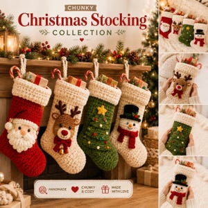 Peut inclure: Une collection de quatre chaussettes de Noël en crochet épais présentant des motifs festifs incluant un Père Noël, un renne, un sapin de Noël et un bonhomme de neige. Chaque chaussette est faite de laine épaisse avec une boucle et un sucre d'orge.