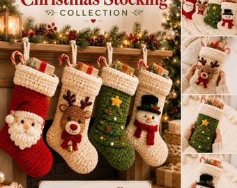Häkelanleitung für dicke Weihnachtsstrümpfe (PDF), Motive: Weihnachtsmann, Rentier, Schneemann, Baum