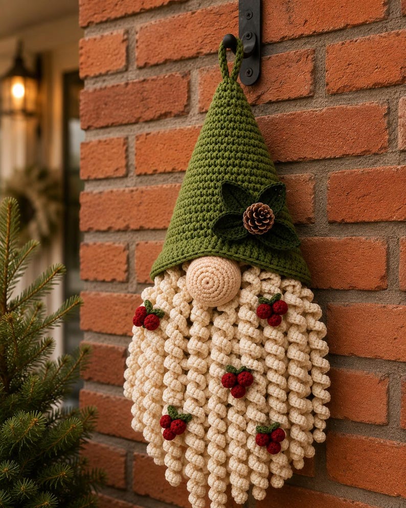May include: A crocheted gnome wall hanging featuring a tall olive green pointed hat adorned with dark green leaves and a small pinecone. The gnome has a round beige nose and a long, curly cream-colored beard decorated with small red berry clusters.