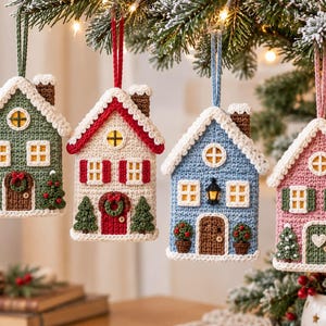Op de afbeelding: Vier gehaakte huisornamenten die aan een boom hangen. Elk huis heeft een uniek kleurenschema, waaronder groen, crème, blauw en roze, met witte gehaakte sneeuw op de daken, bruine schoorstenen en kleine details zoals kransen en boompjes.