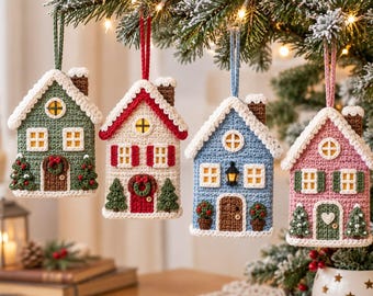 May include: Four crocheted house ornaments hanging from a tree. Each house features a unique color scheme, including green, cream, blue, and pink, with white crocheted snow on the roofs, brown chimneys, and small details like wreaths and trees.