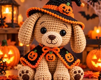 May include: A tan crochet dog plush toy wearing a black and orange witch hat with a small pumpkin accent and a matching black and orange cape featuring three pumpkin motifs, tied with an orange bow around its neck.