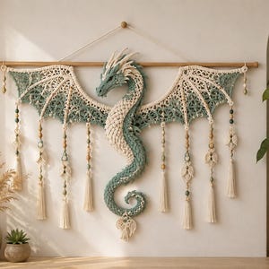 May include: A macrame wall hanging featuring a detailed dragon with outstretched wings, crafted from cream and sage green cord. The design includes intricate knotwork, wooden beads, and hanging tassels suspended from a horizontal wooden rod.