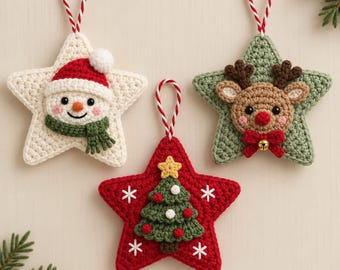 May include: Three star-shaped crochet ornaments with red and white striped hanging loops. One is a white star with a snowman, one is a green star with a reindeer, and one is a red star with a Christmas tree and white embroidered snowflakes.