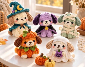 May include: Five crocheted plush dogs dressed in Halloween costumes including a wizard, a vampire, a mummy, a pumpkin, and a ghost, accompanied by two small crocheted pumpkins. Each dog features black eyes, pink cheeks, and distinct yarn colors.