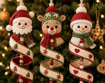 Häkelanleitung für Weihnachtsschmuck (PDF), Weihnachtsmann, Rentier, Schneemann, spiralförmige Hängedekoration (Digitaler Download)