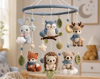 Häkelanleitung für ein Waldtier-Babymobile, Amigurumi-Kinderbettdeko mit Waldtieren (PDF-Download)