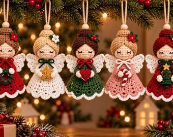 May include: Five crocheted angel ornaments hanging in a row. Each doll features a unique dress color including red, white, green, and pink, with white crocheted wings, yarn hair, and small festive accessories like a wreath, star, heart, candy cane, and tree.