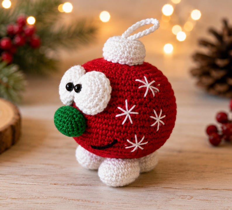 May include: A round, red crocheted ornament featuring a white top loop, two large white eyes with black pupils, a small green nose, and a black stitched mouth. The red body is decorated with white embroidered star-shaped accents and white feet.