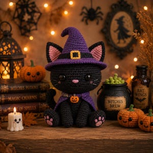 May include: A black crocheted cat plush toy wearing a purple witch hat with a yellow buckle and a matching purple cape featuring a small orange pumpkin charm. The cat has large black eyes, a pink nose, and pink paw pads on its feet.