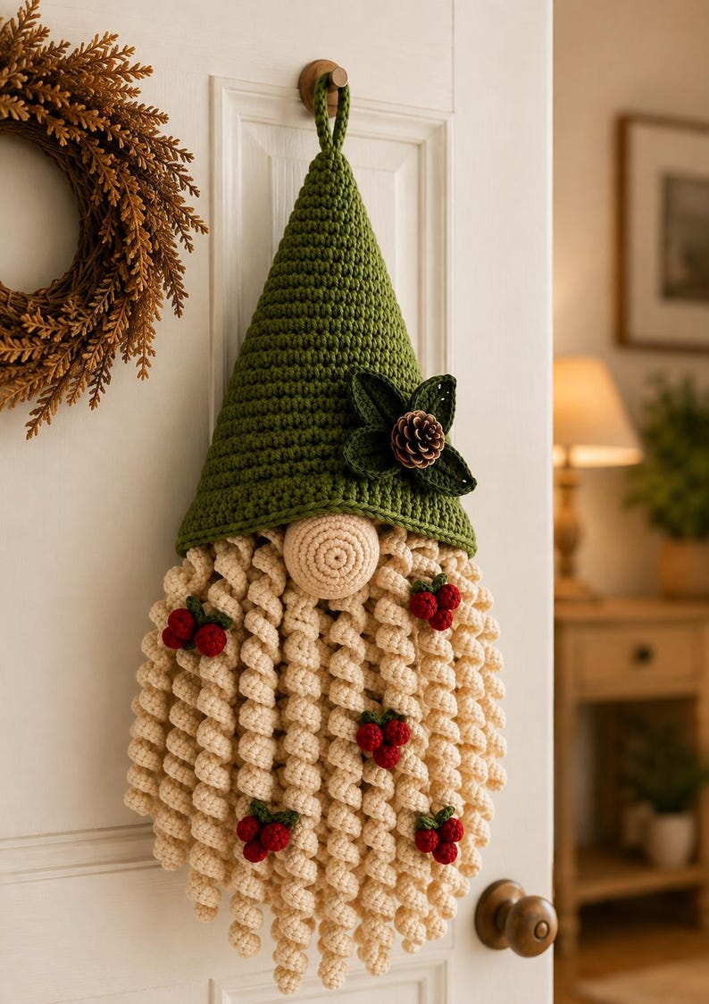 May include: A hanging crochet gnome decoration featuring a tall, pointed olive green hat adorned with a dark green leaf accent and a small pinecone. The gnome has a round beige nose and a long, curly cream-colored beard decorated with small red berries.
