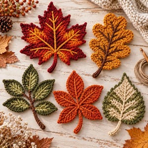 Peut inclure: Un ensemble de cinq feuilles au crochet de formes et de couleurs variées, comprenant une grande feuille d'érable rouge et orange, une feuille de chêne jaune doré, une feuille composée verte, une feuille orange vif et une feuille verte et crème.