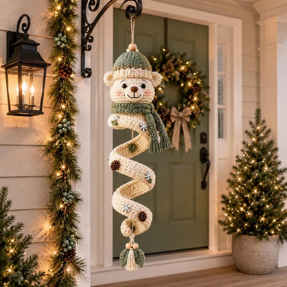 Winter Bear Spiral Hanging Crochet Pattern PDF, Amigurumi Bear Door Hanger, Crochet Ornament Tutorial, Christmas Wall Decor, Digital
