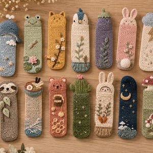 Puede incluir: Una colección de catorce marcapáginas rectangulares de ganchillo con varios diseños, incluyendo una ballena azul, una rana verde, un gato amarillo, un pingüino, una berenjena morada, un conejo rosa, una nube de tormenta, un perezoso, un bol de ramen, un oso con miel, un cactus, un conejo, una luna y una seta.