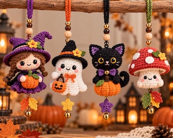 May include: Four crocheted hanging ornaments featuring a witch with a pumpkin, a ghost with a jack-o'-lantern, a black cat with a pumpkin, and a mushroom. Each figure has a braided loop, wooden beads, and a small gold bell at the bottom.