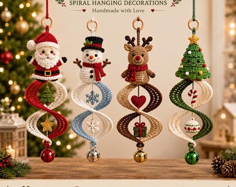 May include: Four crochet Christmas spiral hanging decorations featuring a Santa Claus, a snowman, a reindeer, and a Christmas tree. Each ornament includes a wooden ring, a central character, a spiral base, and a jingle bell at the bottom.