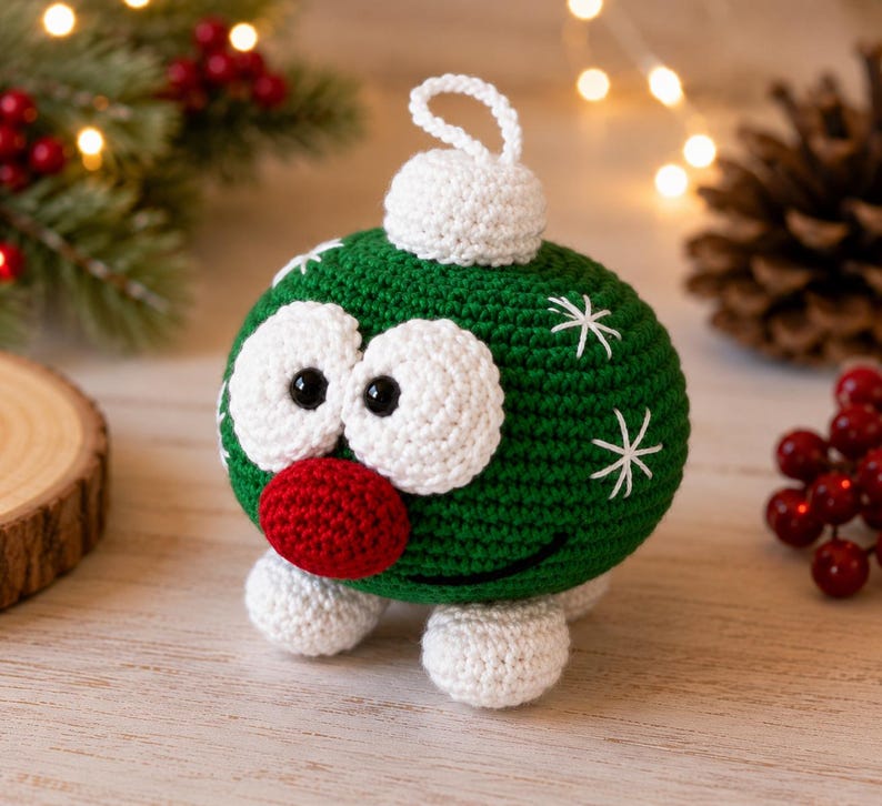 May include: A round, green crocheted ornament featuring two large white eyes with black pupils, a prominent red nose, and a white cap with a hanging loop. The green body is decorated with white stitched snowflake patterns and a black embroidered smile.
