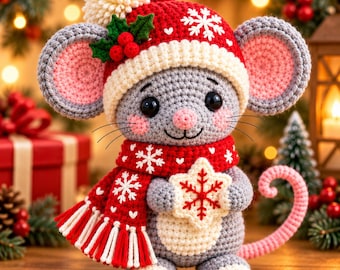 May include: A crocheted gray mouse toy wearing a red and white winter hat with a pom-pom, green holly leaves, and red berries. The mouse has a red scarf with white snowflake patterns and holds a white star-shaped ornament with a red snowflake.