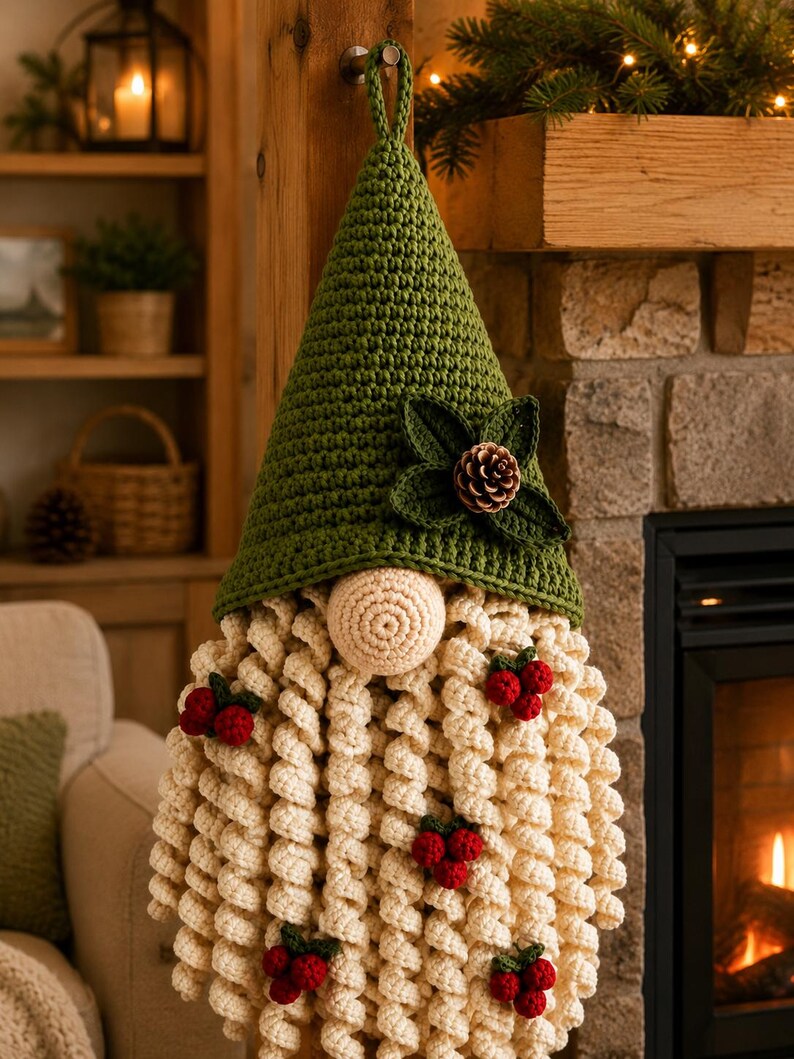 May include: A crochet gnome wall hanging featuring a tall, pointed olive green hat adorned with dark green leaves and a brown pinecone. The gnome has a round beige nose and a long, cream-colored curly beard decorated with small red berries.