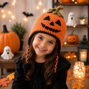 May include: A bright orange crochet hat shaped like a jack-o'-lantern with a green stem on top, black triangular eyes, a black nose, and a jagged black mouth. The hat features two long braided orange and black side ties with black pom-poms.