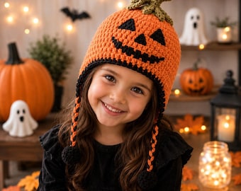 May include: A bright orange crochet hat shaped like a jack-o'-lantern with a green stem on top, black triangular eyes, a black nose, and a jagged black mouth. The hat features two long braided orange and black side ties with black pom-poms.