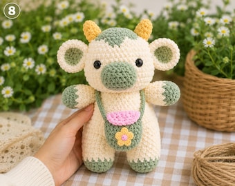 May include: A cream-colored crochet cow plush toy featuring sage green accents on the ears, muzzle, and feet. The cow has small yellow horns, black eyes, and wears a sage green crossbody bag with a pink flap and a yellow flower detail.