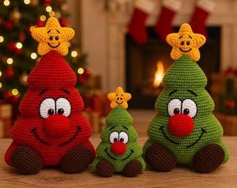 May include: Three crochet Christmas tree figures with smiling faces, large white eyes, and red noses. Each tree is topped with a yellow star and has brown feet. One tree is red, while the other two are green, all featuring a textured yarn finish.