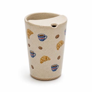 Hand Painted Café Ceramic Travel Mug, Coffee and Croissant Pottery Tumbler with Sip Opening, Coffee Lover Gift