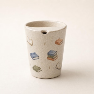 Hand Painted Book Ceramic Travel Mug, Speckled Pottery Tumbler with Sip Opening, Book Lover Gift