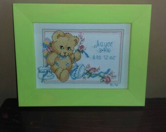 Teddy Bear Cross Stitched Birth Announcement Personalized to Order