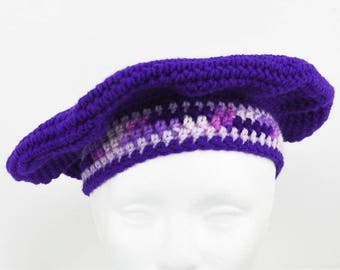 80s Crocheted Beret One Size Boho New Romantic Poet Rock Punk Handmade Hippie Funky Stoner Groovy Grunge Purple Knit Crochet Colorful