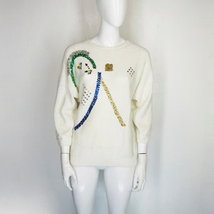 80s90s Abstract Jewel Sweater white