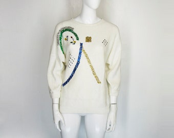 80s90s Abstract Jewel Sweater white