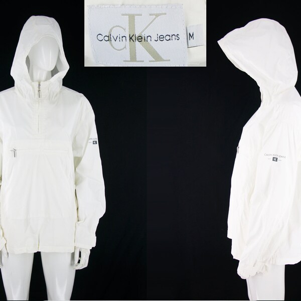 White Calvin Klein Jeans Windbreaker Size Medium M Y2k 90s Jacket Coat Surfer Skater Minimal Cyber 1990s Modern Hooded Sporty Sport Techno