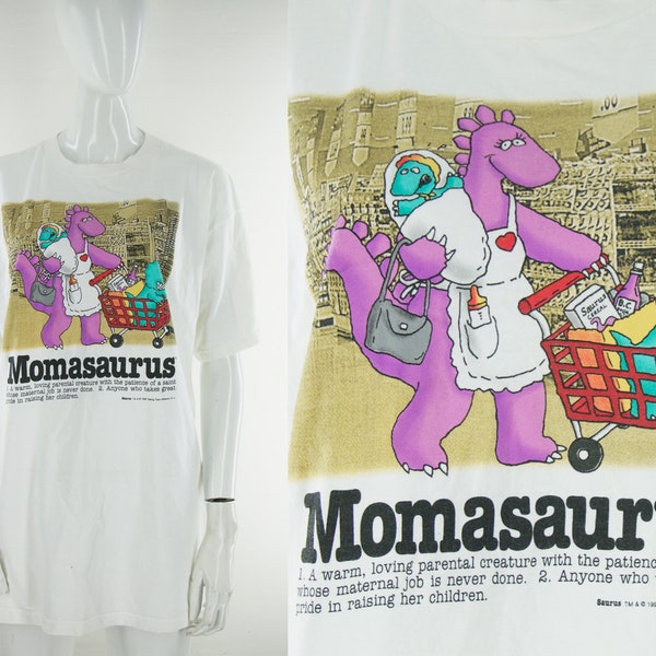 90s Momasaurus Graphic T Size XL Novelty Gag Joke Dinosaur Kawaii Sleep Cartoon Kitschy Wacky Funny Mother's Mom Wife