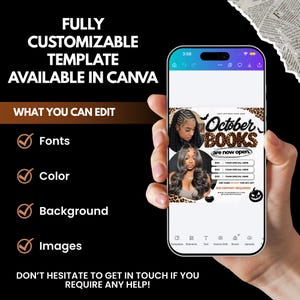 K&ouml;nnte beinhalten: Ein Smartphone zeigt eine anpassbare Canva-Vorlage f&uuml;r einen October Books-Flyer. Das Design enth&auml;lt zwei Frauen, Leopardenmuster-Akzente, Fledermaus-Silhouetten und Text wie October Books are now open, mit bearbeitbaren Feldern f&uuml;r Schriftarten, Farben und Bilder.