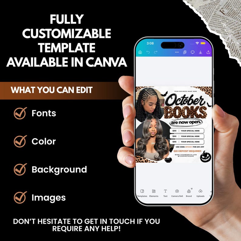 K&ouml;nnte beinhalten: Ein Smartphone zeigt eine anpassbare Canva-Vorlage f&uuml;r einen October Books-Flyer. Das Design enth&auml;lt zwei Frauen, Leopardenmuster-Akzente, Fledermaus-Silhouetten und Text wie October Books are now open, mit bearbeitbaren Feldern f&uuml;r Schriftarten, Farben und Bilder.