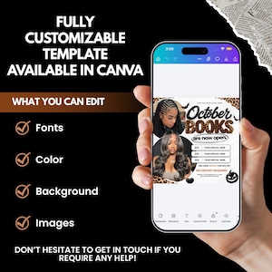 K&ouml;nnte beinhalten: Ein Smartphone zeigt eine anpassbare Canva-Vorlage f&uuml;r einen October Books-Flyer. Das Design enth&auml;lt zwei Frauen, Leopardenmuster-Akzente, Fledermaus-Silhouetten und Text wie October Books are now open, mit bearbeitbaren Feldern f&uuml;r Schriftarten, Farben und Bilder.