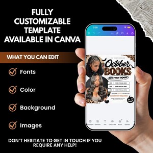 K&ouml;nnte beinhalten: Ein Smartphone zeigt eine anpassbare Canva-Vorlage f&uuml;r einen October Books-Flyer. Das Design enth&auml;lt zwei Frauen, Leopardenmuster-Akzente, Fledermaus-Silhouetten und Text wie October Books are now open, mit bearbeitbaren Feldern f&uuml;r Schriftarten, Farben und Bilder.