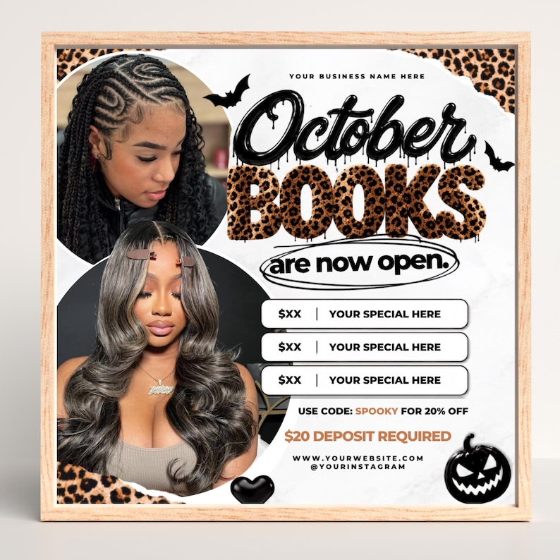 K&ouml;nnte beinhalten: Ein Werbeflyer mit zwei kreisf&ouml;rmigen Fotos von Personen mit gestyltem Haar, dem Text October Books in Leopardenmuster und dem Schriftzug are now open. Enth&auml;lt Platzhalter f&uuml;r Angebote, den Rabattcode SPOOKY und eine K&uuml;rbisgrafik.