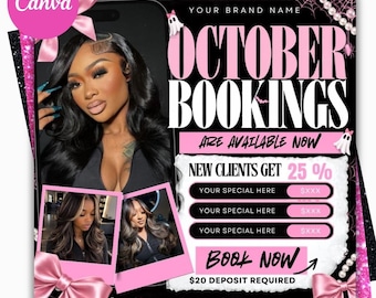 Buchungsflyer für Oktober, Halloween-Buchungsflyer, Buchungen für Oktober möglich, Flyer für die Gruselsaison, Haare, Flechtfrisuren, Nägel, Make-up, Wimpern, Dreadlocks, Perücke, bearbeitbare Canva-Vorlage