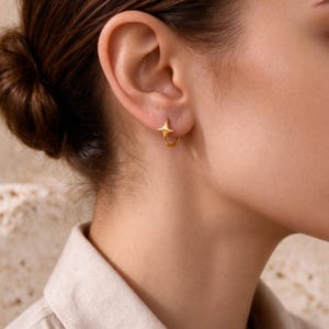North Star Huggie Hoop Earrings, Tiny Gold or Silver Star Hoops, Hinged Clicker Huggies, Celestial Cartilage Hoop, Ear Stack Gift for Her