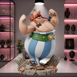 May include: A detailed figurine of the character Obelix, depicted with a muscular build, red braided hair, and a winged helmet. The figure wears blue and white striped trousers with a green belt, standing on a base of weathered stone ruins.